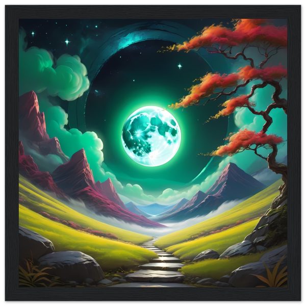 Green Moon’s Radiance: Zen Valley Wooden Framed Poster 3