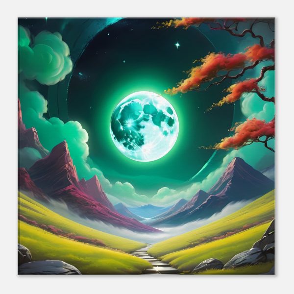 Mystical Night: Green Moon Over Enchanted Zen Valley Canvas