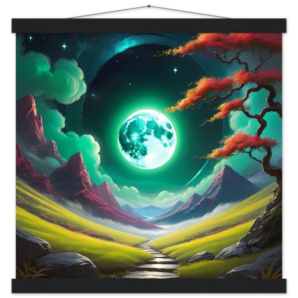 Enchanted Journey: Green Moon Over Zen Valley Poster
