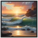Sunset Serenity: Zen Waves in Wooden Frame 4