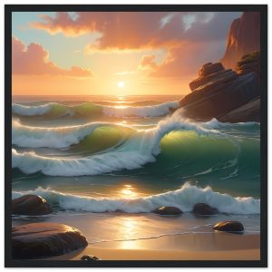 Sunset Serenity: Zen Waves in Wooden Frame