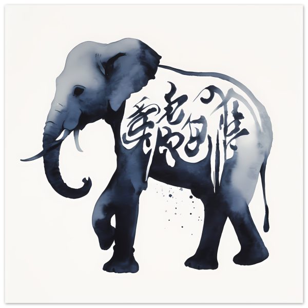The Captivating Blue Zen Elephant Calligraphy Print 6