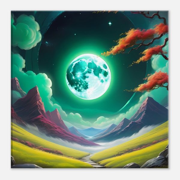 Mystical Night: Green Moon Over Enchanted Zen Valley Canvas 4