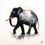 The Enchanting Black Elephant with White Tree Print