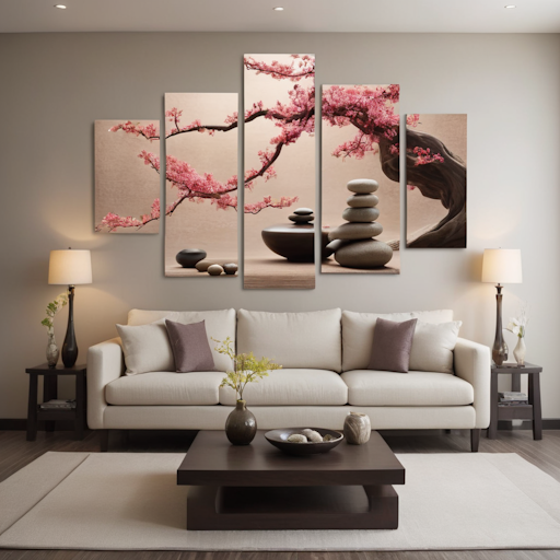 A image showcasing a fully transformed living space with all the discussed Zen wall décor elements harmoniously arranged.