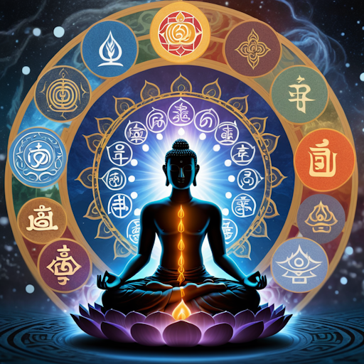 A serene depiction of a person meditating, surrounded by symbolic representations of the Eightfold Path.