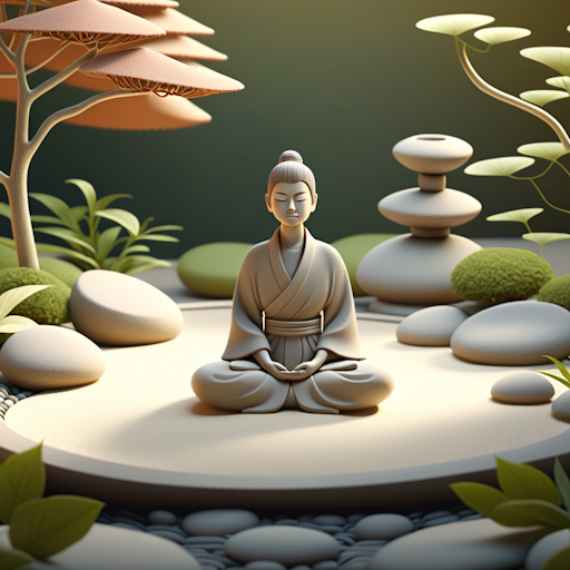 A serene illustration of a person practicing mindfulness in a Zen garden.