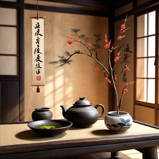 An illustration depicting the wabi-sabi aesthetic in the tea ceremony