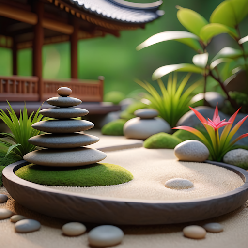 An illustration of a Zen garden with stones symbolizing acts of kindness and compassion.