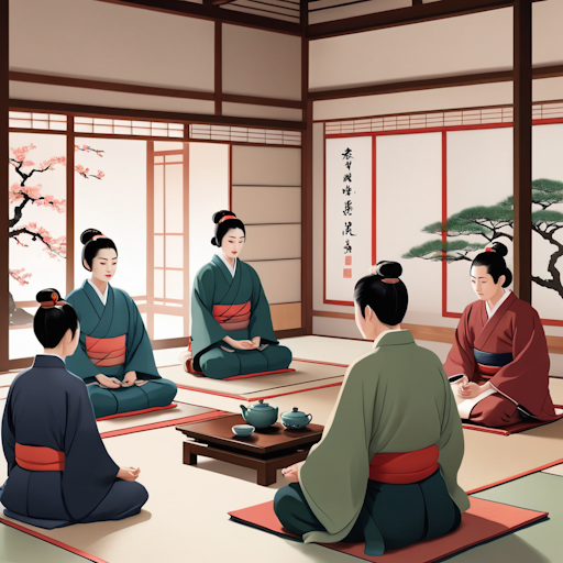 An illustration of participants sitting in silence during a tea ceremony.