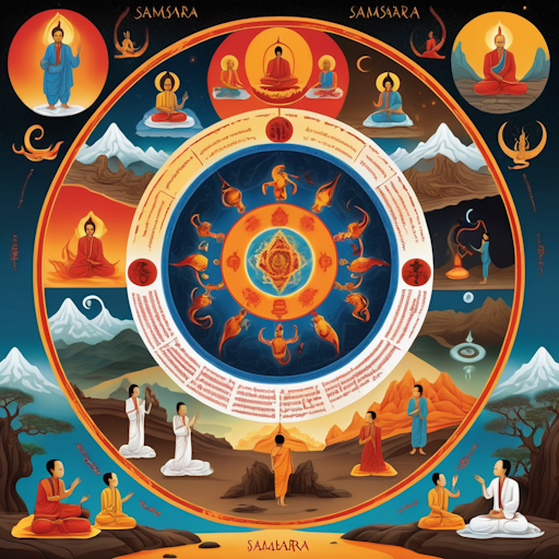 An illustration of the cycle of birth, death, and rebirth in samsara