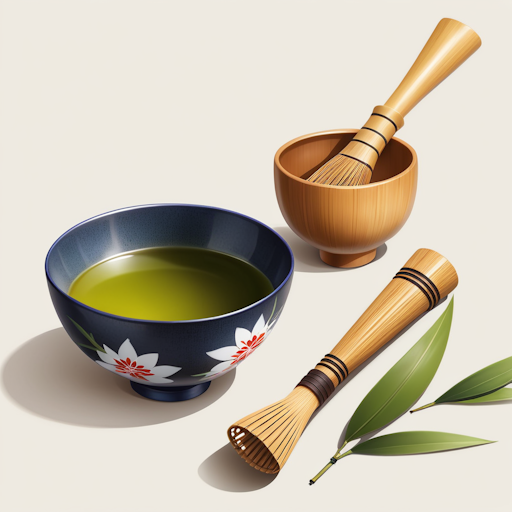 An illustration of traditional Japanese tea utensils.