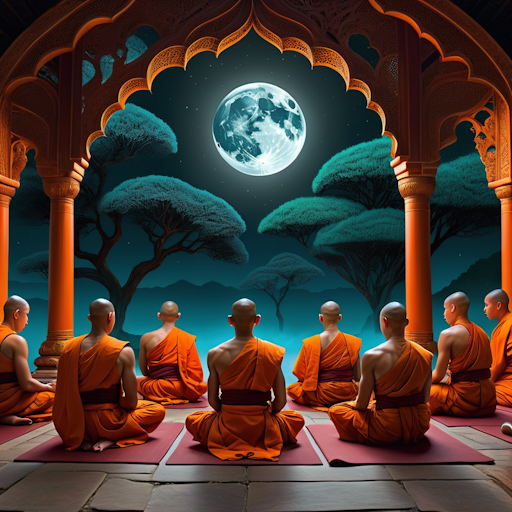 Illustration of monks engaged in pre-dawn meditation.
