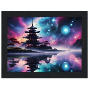 Mystic Fusion: Wooden Framed Poster of a Lake Temple