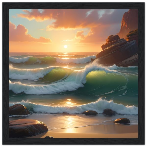 Sunset Serenity: Zen Waves in Wooden Frame 2