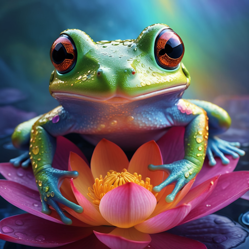 Bright zen frog canvas sitting on lotus flower.