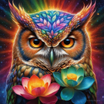 Bright and colourful zen owl poster with lotus flowers.