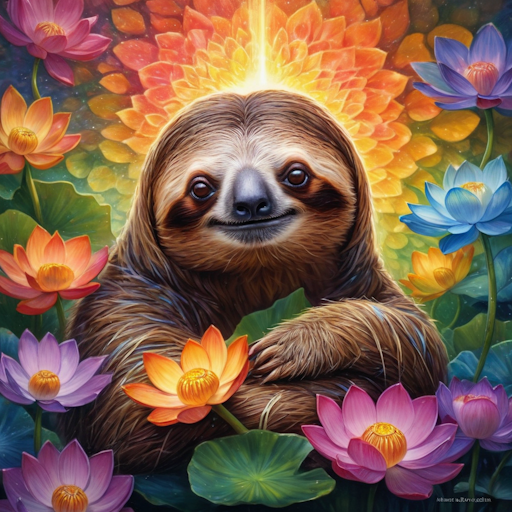 Colourful zen sloth canvas with bright lotus flowers.