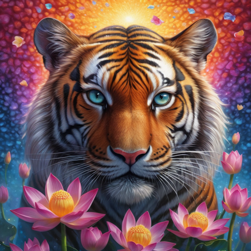 zen tiger print with colourful lotus flowers.
